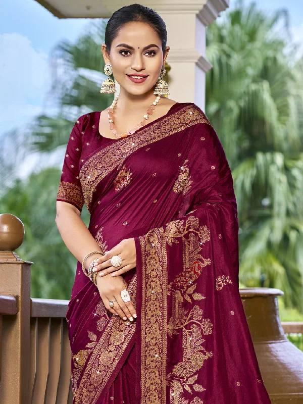 Women Magenta Silk Saree With Un Stitched Blouse Textured Cotton Blouse