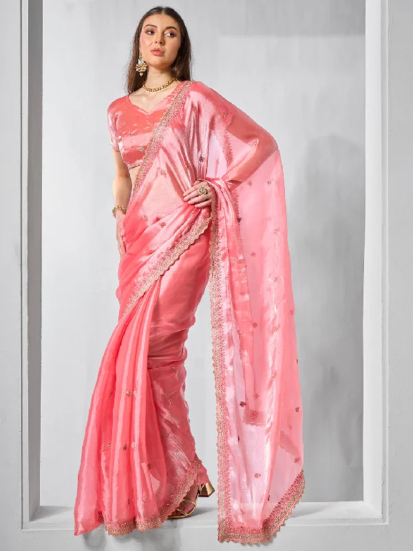 Women Party Wear Heavy Embroidery Worked Premium Organza Blend Saree with Un Stitched Blouse Airy Cotton Blouse