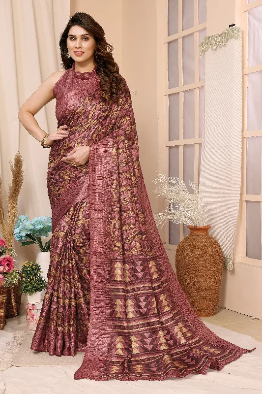 Women Maroon Khadi Printed Saree With Un-Stiched Blouse Mandarin Collar Blouse
