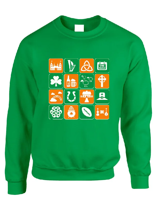 Adult Sweatshirt Irish Icons St Patrick's Day Symbols Top Hoodie with Slim Fit Tailored Modern