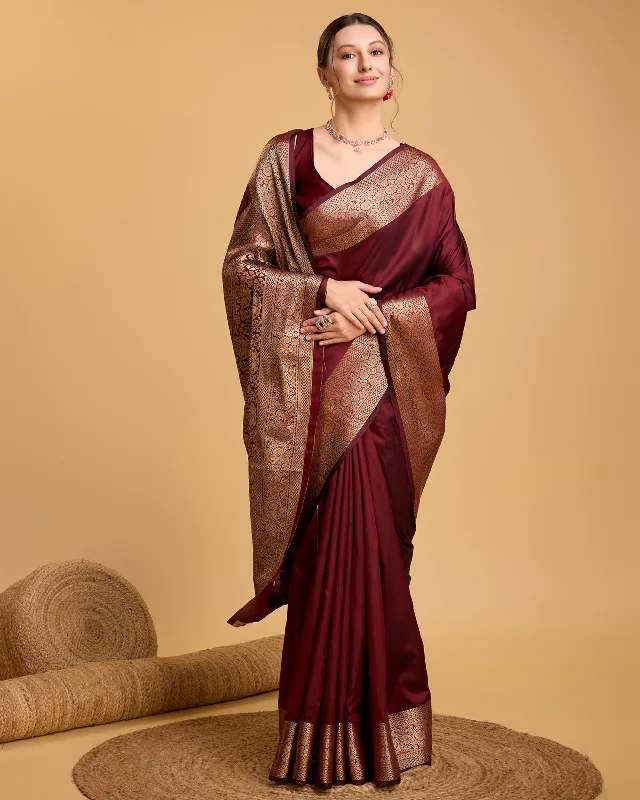 Women Maroon Pure Silk Weaving Work Saree With Un-Stiched Blouse Sweetheart Neck Blouse