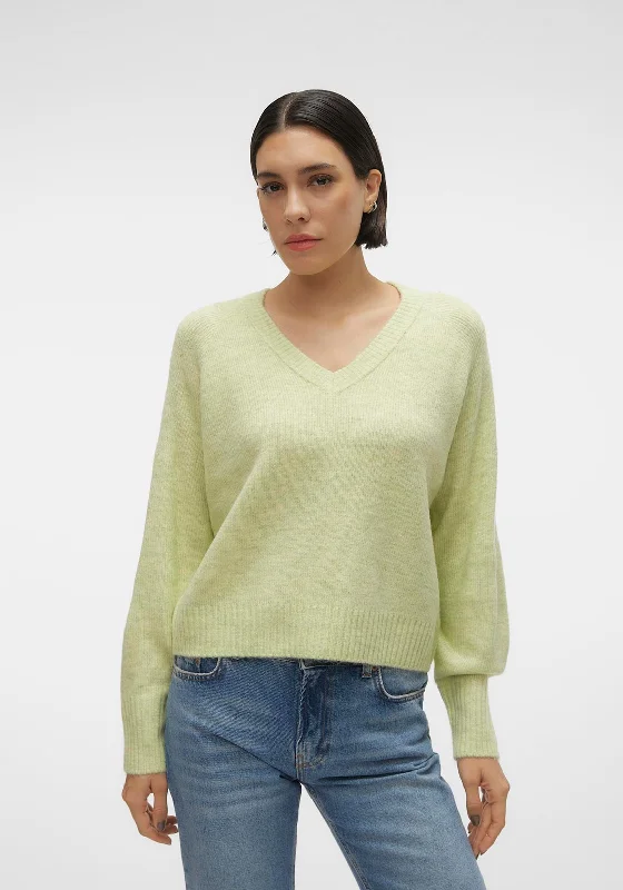 Vero Moda Elly V-Neck Knitted Sweater, Light Green Herringbone Houndstooth Plaid