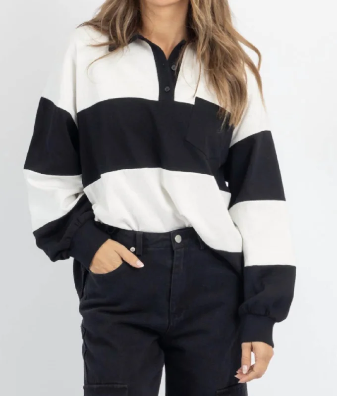 Elianna Polo Sweater In Black/white Satin Fabric Silk Fabric Chiffon Fabric