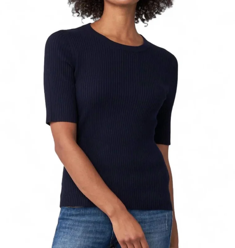 Short Sleeve Fine Rib Crew Sweater In Navy Bright Pastel Dark