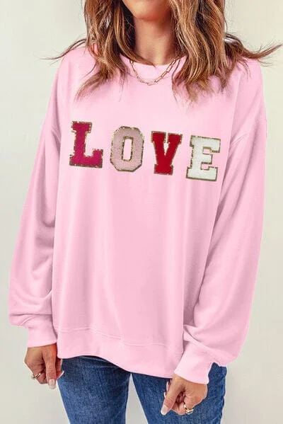 LOVE Patch Round Neck Dropped Shoulder Sweatshirt Hoodie with Puffed Sleeves Voluminous Trendy