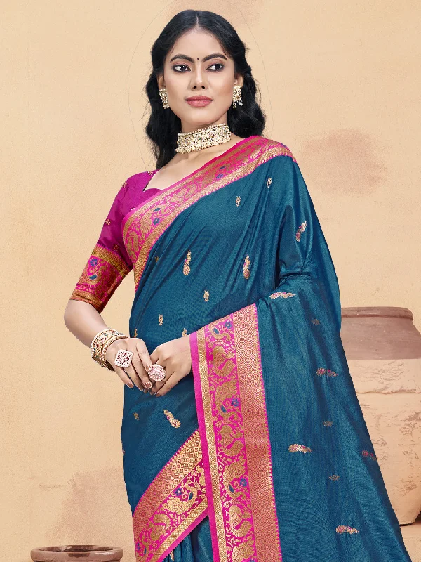 Women Blue Silk Saree With Un Stitched Blouse Sleeveless Chiffon Blouse