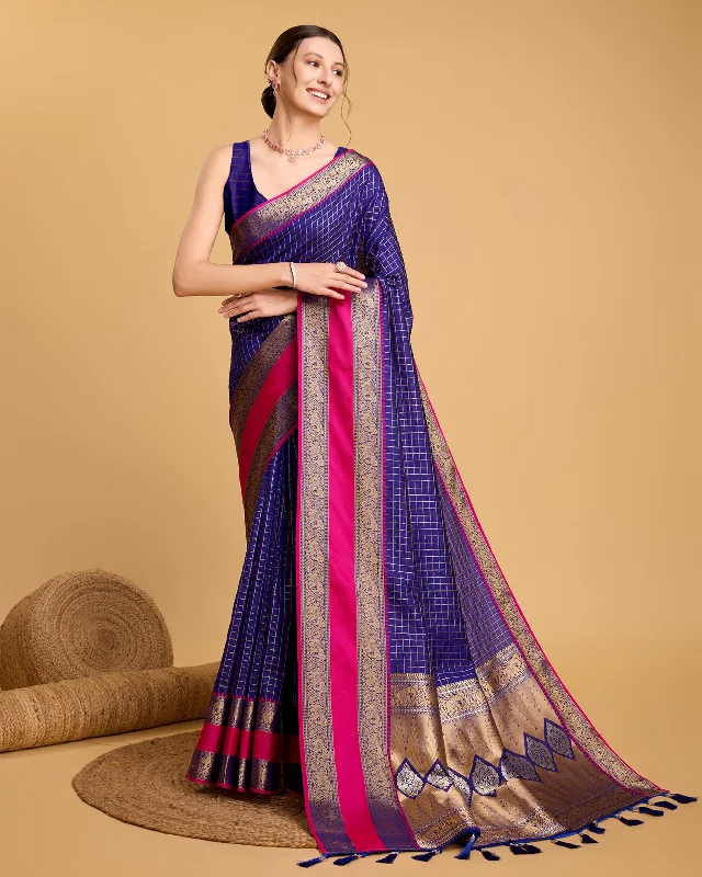 Women Blue Pure Jacquard  Weaving Work Saree With Un-Stiched Blouse Short Sleeve Blouse