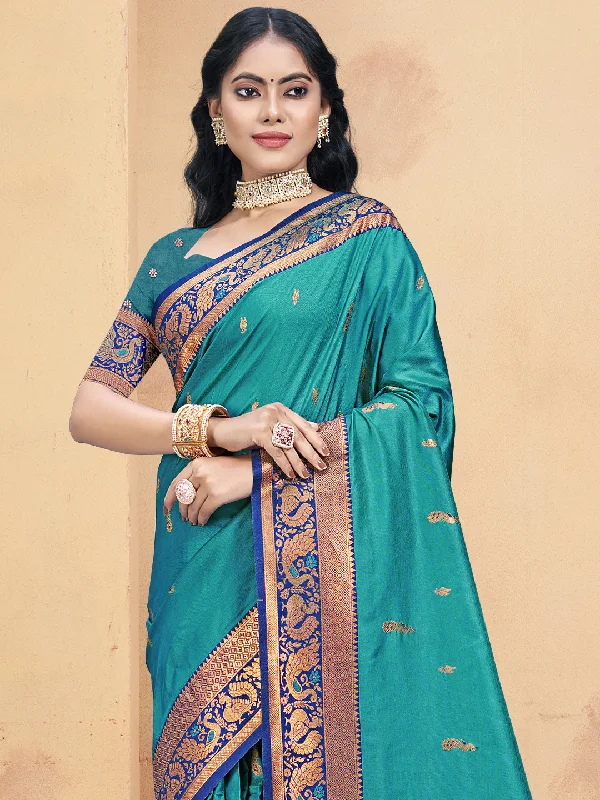 Women Sky Blue Silk Saree With Un Stitched Blouse Gathered Detail Blouse