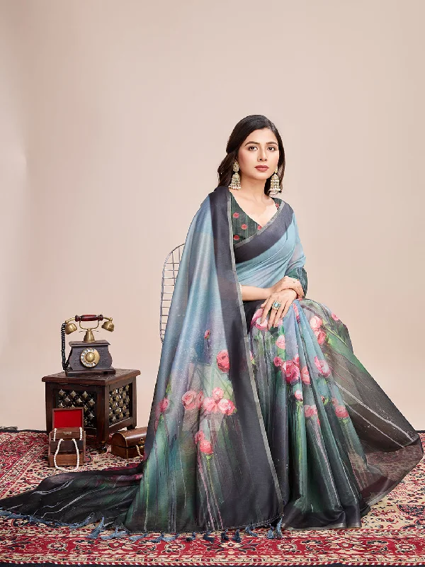 Women Party Wear Flower Printed Semi Linen Saree with Un Stitched Blouse Feminine Ruffle Blouse