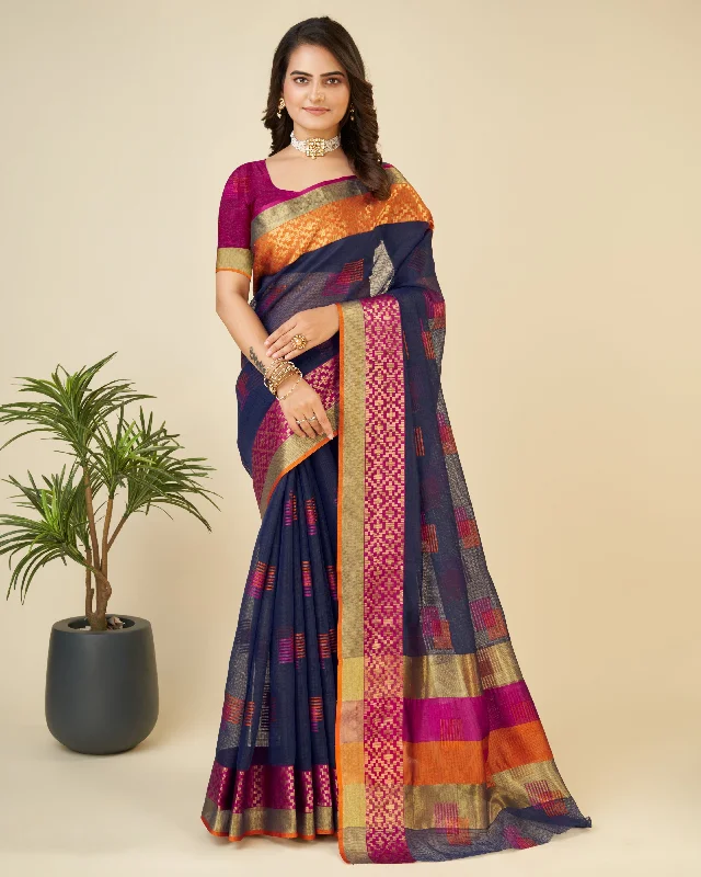 Women Dark Blue Kota Doriya Soft Silk Weaving Work Saree With Un-Stiched Blouse Polished Work Blouse Women Dark Blue Kota Doriya Soft Silk Weaving Work Saree With Un-Stiched Blouse Polished Work Blouse