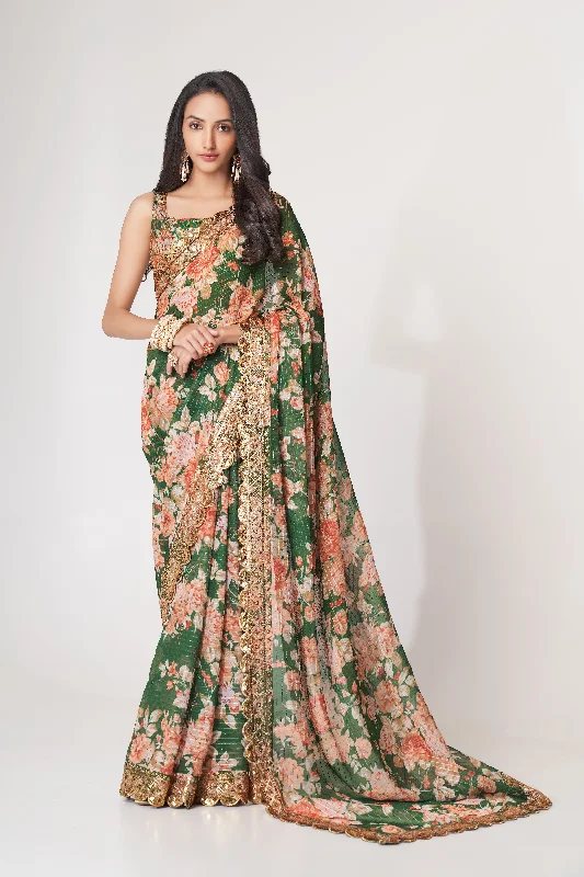 Women Green Organza Sequins Embroidery Work With Digital Print Saree With Un-Stiched Blouse Peter Pan Collar Blouse Women Green Organza Sequins Embroidery Work With Digital Print Saree With Un-Stiched Blouse Peter Pan Collar Blouse
