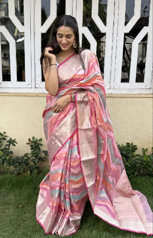 Women Party Wear Jari Weaving Leheriya Pattern Fancy Silk Saree with Un Stitched Blouse Embroidered Cotton Blouse