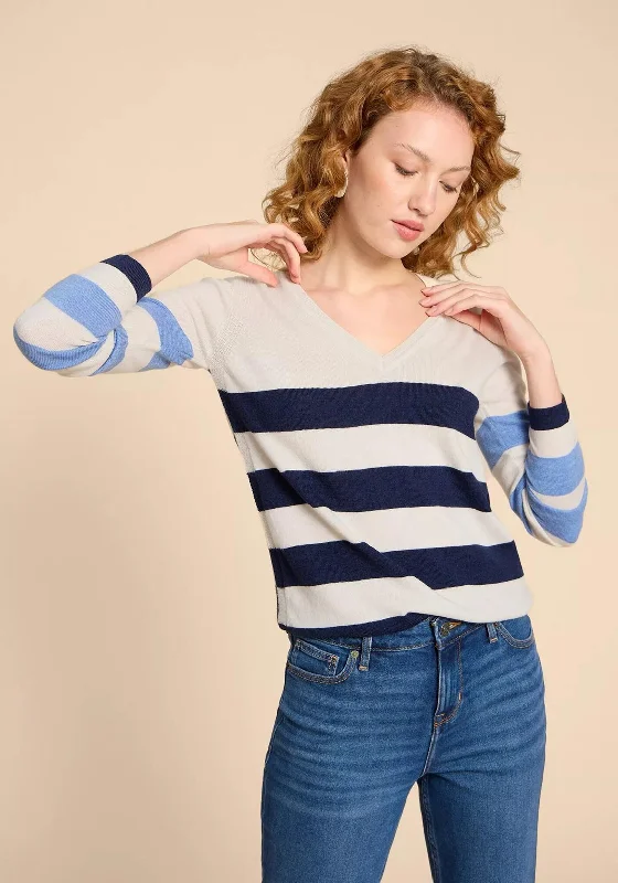 White Stuff Merino Striped Wool Jumper, Navy Multi Print Jacquard Patchwork