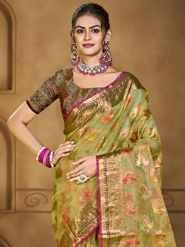 Women Light Green Organza Saree With Un Stitched Blouse Puff Sleeve Blouse