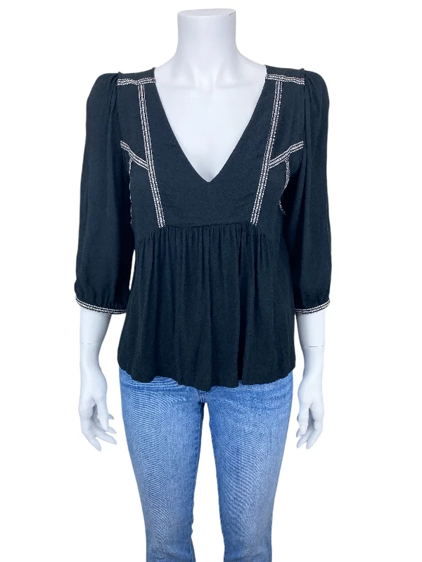 ba&sh Women's Amber Embroidered Trim Peplum Blouse Black S Versatile Layering Blouse