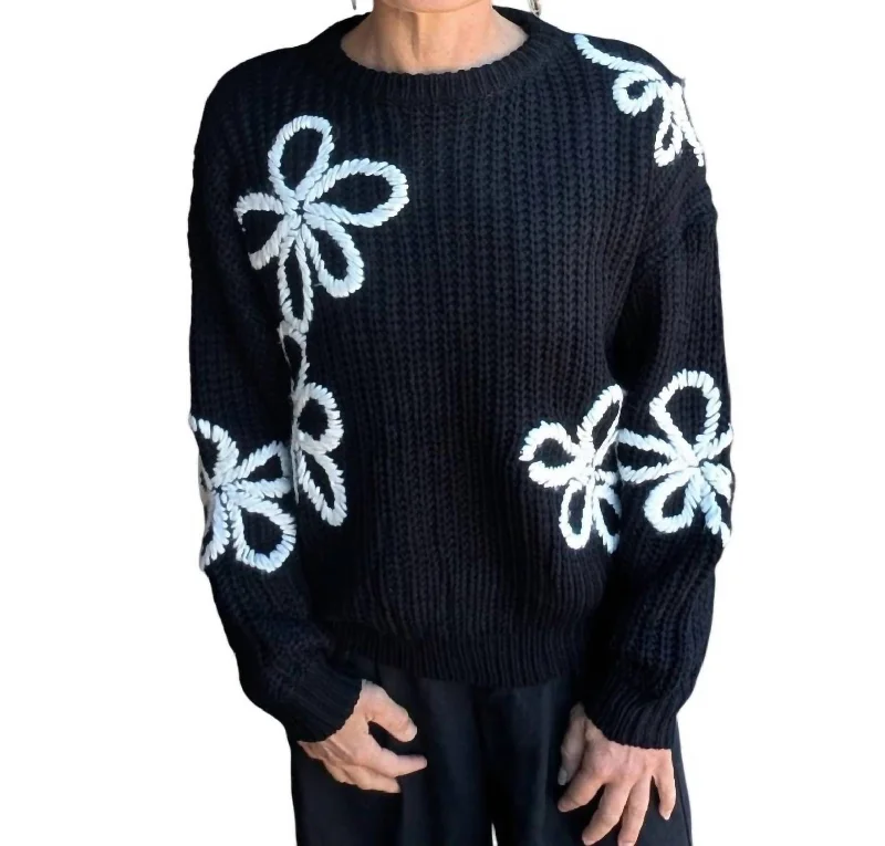 Floral Contrast Stitch Sweater In Black & Ivory Velvet Chenille Corduroy