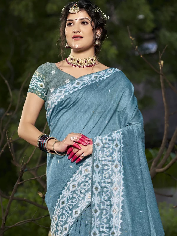 Women Light Blue Cotton Saree With Un Stitched Blouse Smart Business Blouse