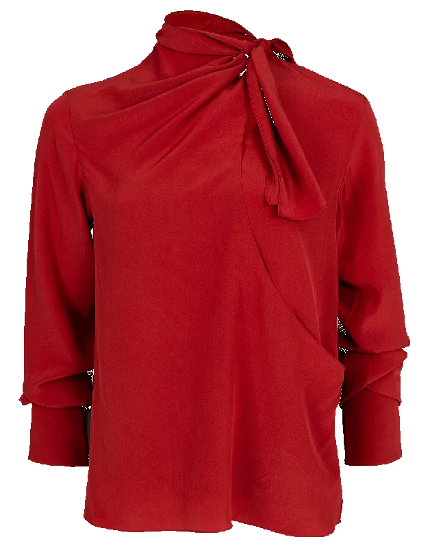 Neck Bow Silk Blouse Gathered Detail Blouse