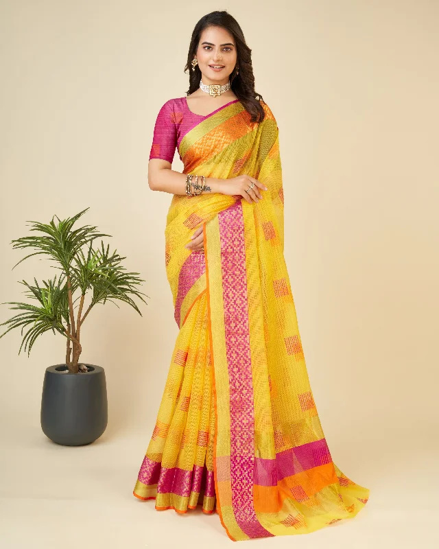Women Yellow Kota Doriya Soft Silk Weaving Work Saree With Un-Stiched Blouse Flowy Bohemian Blouse Women Yellow Kota Doriya Soft Silk Weaving Work Saree With Un-Stiched Blouse Flowy Bohemian Blouse