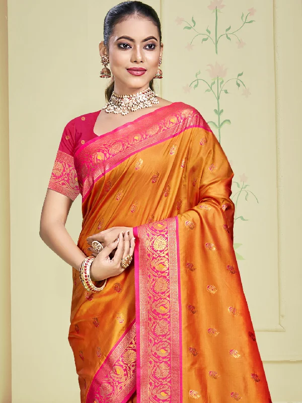 Women Orange Silk Saree With Un Stitched Blouse Wrap Front Blouse