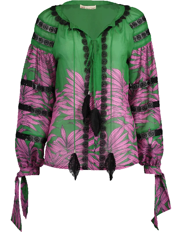 Feather Tie Front Blouse Cotton Casual Blouse