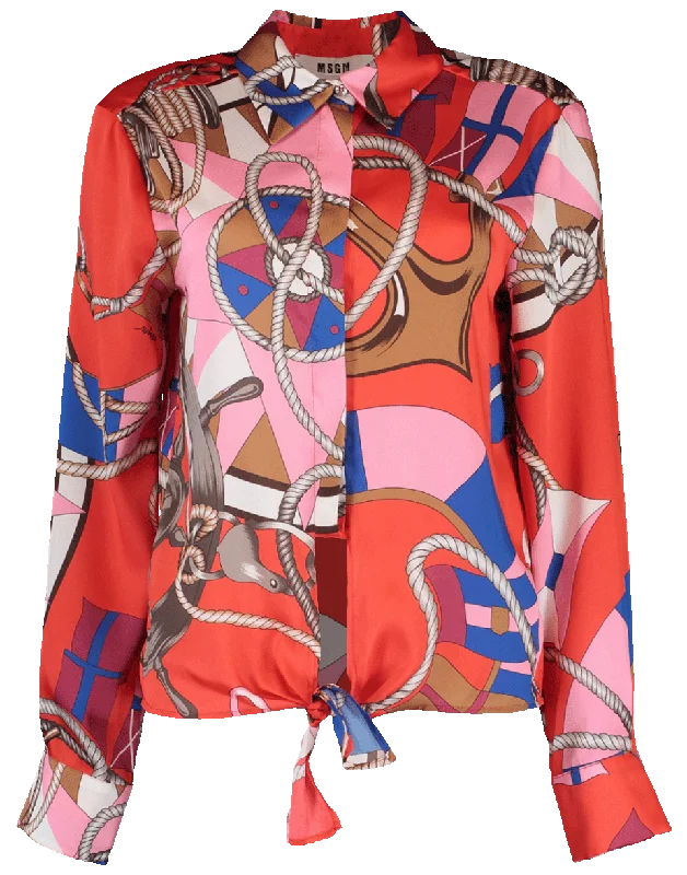 Nautical Print Blouse Feminine Satin Blouse