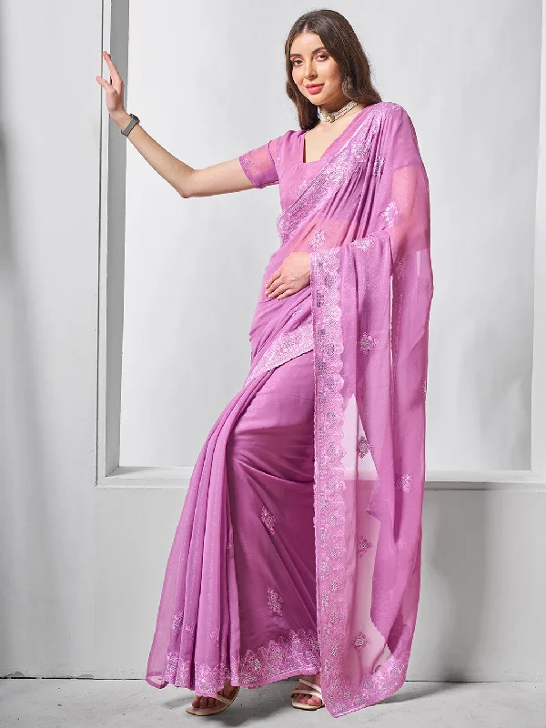 Women Party Wear Heavy Embroidery Worked Shimmer Chiffon Saree with Un Stitched Blouse Casual Stripe Blouse