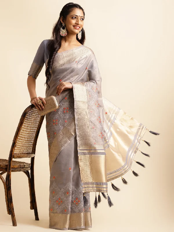 Women Party Wear Embroidery Worked Cotton Khadi Silk Saree with Un Stitched Blouse Floral Chiffon Blouse