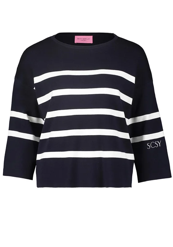 Betty Barclay Three Quarter Sleeve Striped Sweater, Navy Cable Knit Ribbed Knit Lace Knit Betty Barclay Three Quarter Sleeve Striped Sweater, Navy Cable Knit Ribbed Knit Lace Knit