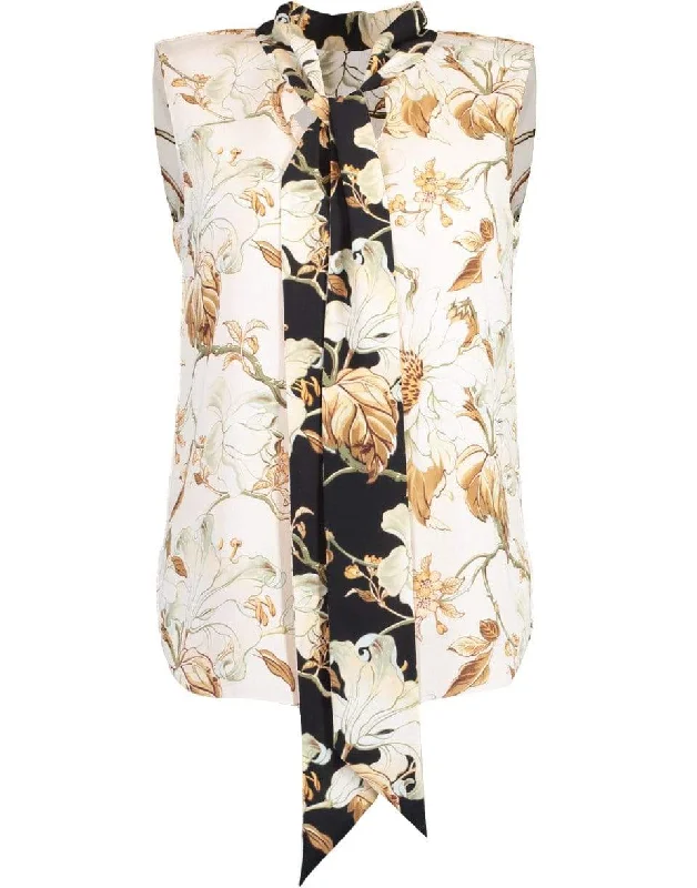 Ivory Sleeveless Neck Tie Printed Blouse Chic Off-Shoulder Blouse