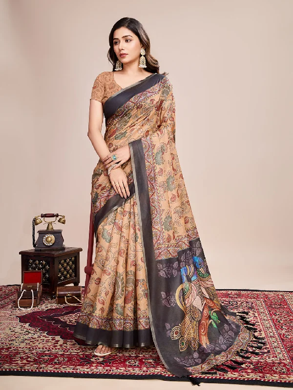 Women Party Wear Flower Printed Semi Linen Saree with Un Stitched Blouse Delicate Pleat Blouse