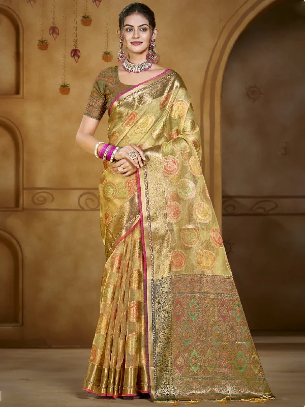 Women Olive Green Organza Saree With Un Stitched Blouse Elegant Embroidery Blouse