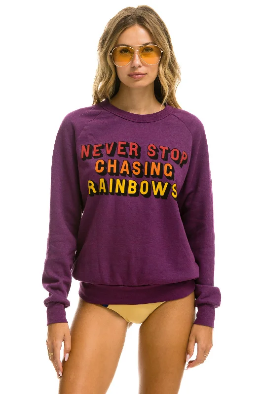 NEVER STOP CHASING RAINBOWS CREW SWEATSHIRT - PURPLE Hoodie with Thumb Holes Functional Cozy NEVER STOP CHASING RAINBOWS CREW SWEATSHIRT - PURPLE Hoodie with Thumb Holes Functional Cozy