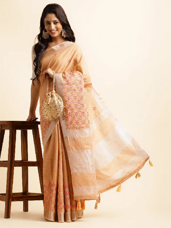 Women Party Wear Embroidery Worked Pure Cotton Linen Silk Saree with Un Stitched Blouse Sheer Mesh Blouse
