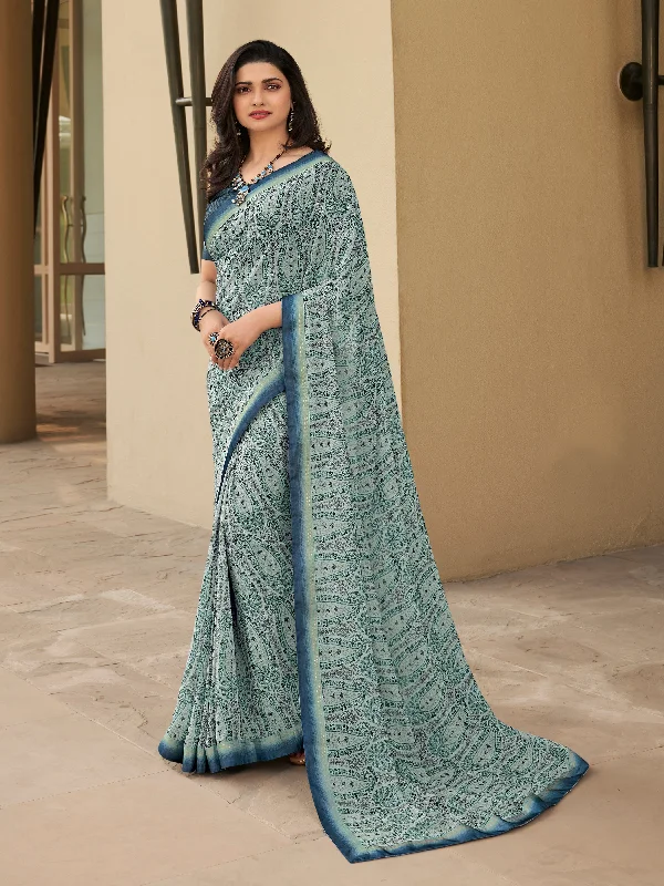 Women Grey Georgette  Printed Saree With Un-Stiched Blouse Double Button Blouse