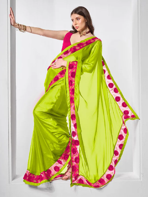 Women Party Wear Moss Chiffon Saree with Un Stitched Blouse Ruffled Neck Blouse