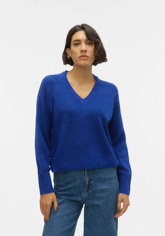 Vero Moda Elly V-Neck Knitted Sweater, Mazarine Blue Fitted Slim Tailored