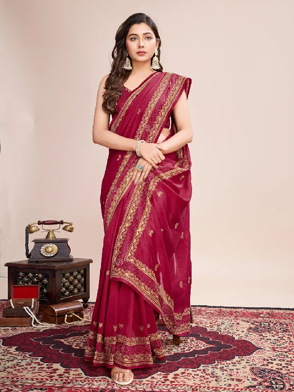 Women Party Wear Flower Embroidery Worked Vichitra Soft Silk Saree with Un Stitched Blouse Double-Layered Blouse