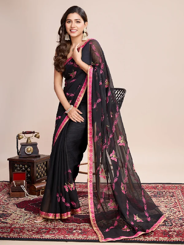 Women Party Wear Flower Embroidery Worked Georgette Saree with Un Stitched Blouse Boho Chic Blouse