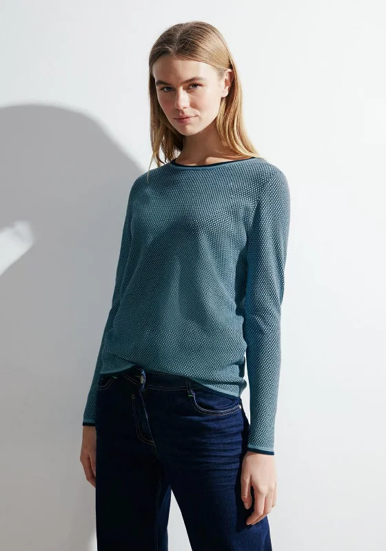 Cecil Structured Pattern Sweater, Stillwater Blue Boat Neck Shawl Collar Notched Collar Cecil Structured Pattern Sweater, Stillwater Blue Boat Neck Shawl Collar Notched Collar