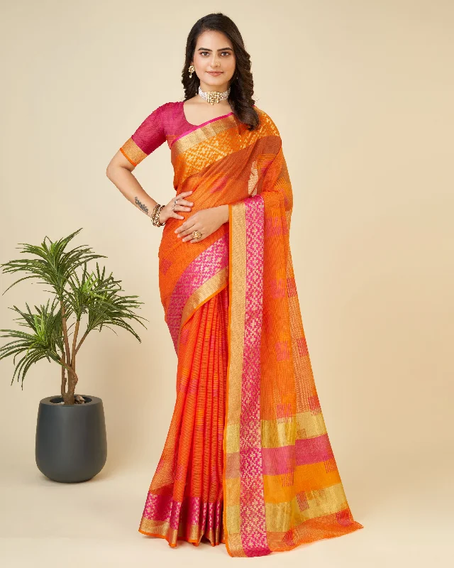 Women Orange Kota Doriya Soft Silk Weaving Work Saree With Un-Stiched Blouse Frilled Cuff Blouse Women Orange Kota Doriya Soft Silk Weaving Work Saree With Un-Stiched Blouse Frilled Cuff Blouse