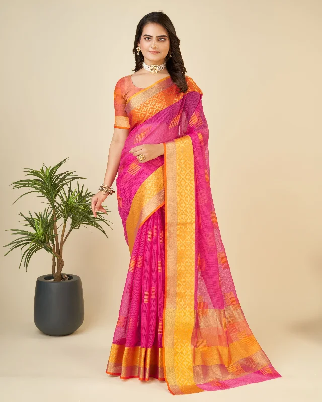 Women Pink Kota Doriya Soft Silk Weaving Work Saree With Un-Stiched Blouse Double-Layered Blouse Women Pink Kota Doriya Soft Silk Weaving Work Saree With Un-Stiched Blouse Double-Layered Blouse
