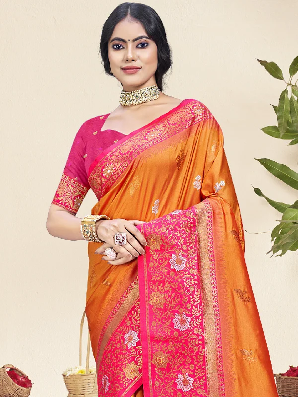 Women Orange Silk Saree With Un Stitched Blouse Elegant Embroidery Blouse