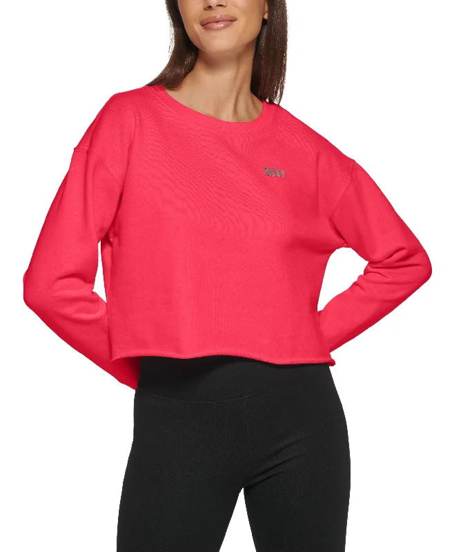 DKNY Sport Womens Metallic Logo Cropped Sweatshirt Hoodie with Cuffed Sleeves Snug Secure