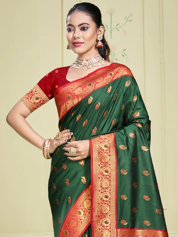 Women Bottle Green Silk Saree With Un Stitched Blouse Classic Striped Blouse