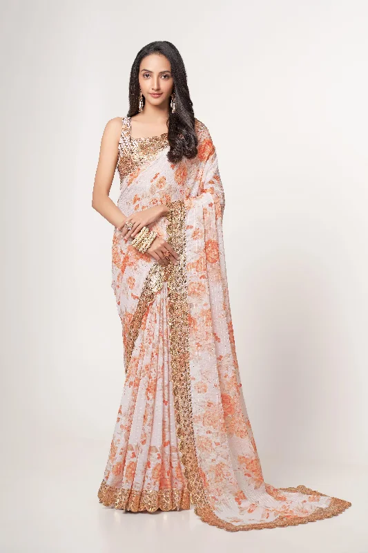 Women White Organza Sequins Embroidery Work With Digital Print Saree With Un-Stiched Blouse Soft Knit Blouse Women White Organza Sequins Embroidery Work With Digital Print Saree With Un-Stiched Blouse Soft Knit Blouse
