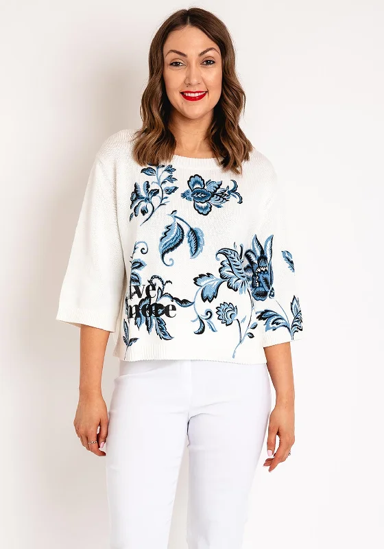 Monari Floral Print Knitted Sweater, Off-White Striped Floral Plaid