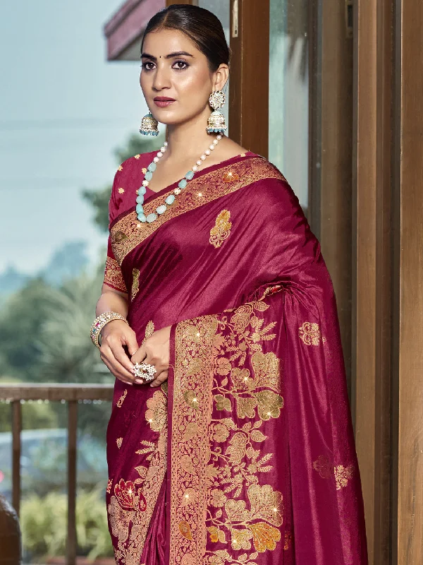 Women Magenta Silk Saree With Un Stitched Blouse Delicate Bow Blouse