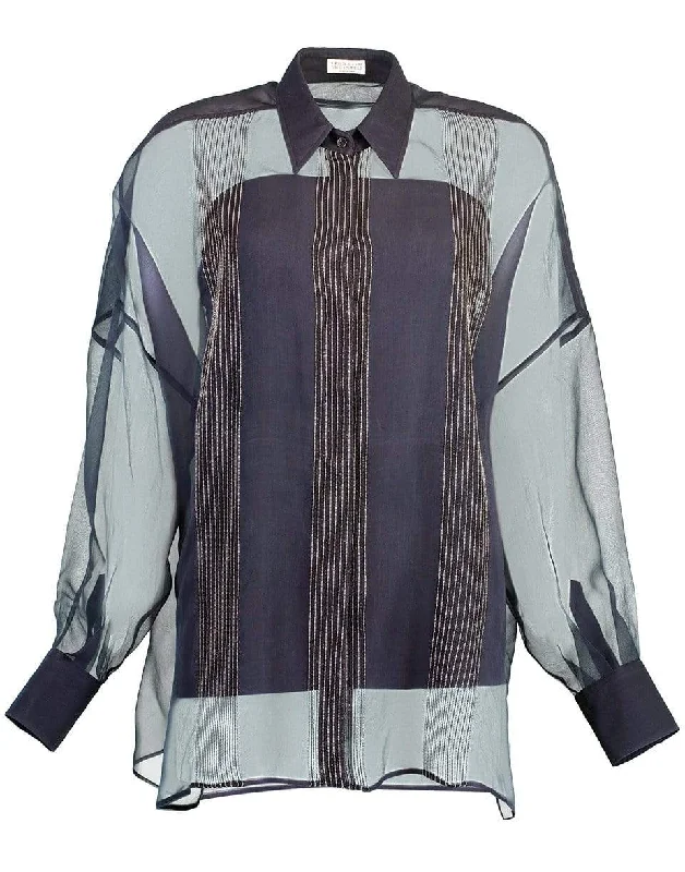 Sheer Silk Monili Striped Blouse Smart Business Blouse