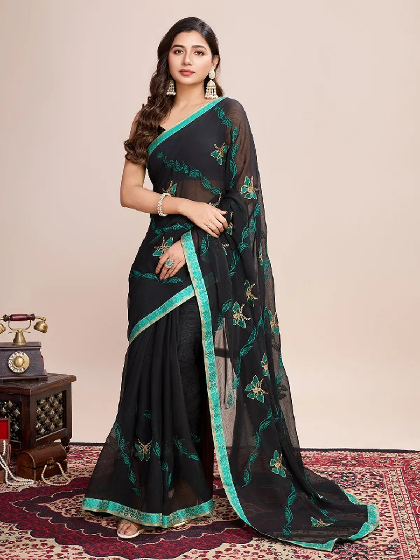 Women Party Wear Flower Embroidery Worked Georgette Saree with Un Stitched Blouse Everyday Stylish Blouse